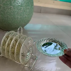Silver Metal Round Tea <b>Coaster</b> <b>Set</b> of 6 Pieces With Stand Tea <b>Coaster</b> Diwali Gift Return Gift - Product Image 1