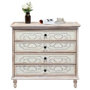FCH Wide Storage 4-Drawer Iron Sheet Dresser Carved Washed White for Bedroom Living Room Home Entryway - Product Image 3