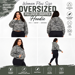 Sweat-shirt court à capuche imprimé camouflage pour femme, grande taille, avec demi-fermeture éclair, 100% French Terry, haut court à capuche imprimé pour femme - Product Image 6