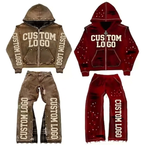 Ensemble survêtement unisexe personnalisé avec logo, sweat à capuche zippé, coupe ample, pantalon streetwear, motif lettres imprimées pour adultes - Product Image 1