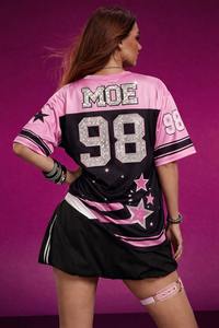 Camiseta de fútbol americano con estampado de estrellas y pedrería, personalizada, rosa y negra, de malla oversize, estilo hip hop, venta al por mayor de fábrica - Product Image 3