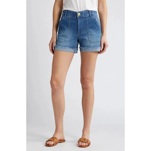 Women’s Retro Denim <b>Shorts</b> with <b>High</b> <b>Waist</b> Construction, Classic Blue Wash, Loose Comfortable Fit, Frayed Hem, Five-Pocket - Product Image 1