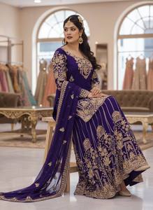 <b>Women's</b> Purple Embroidered <b>Kurta</b> Set With Gold Trim Floor-Length Traditional Indian Pakistani Wear All Seasons - Product Image 2