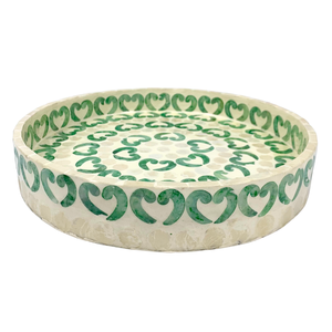 Tazón de fruta de MDF con incrustaciones de Capiz con patrón de Corazón Verde redondo, bandeja de servicio decorativa hecha a mano para decoración del hogar y la cocina - Product Image 3