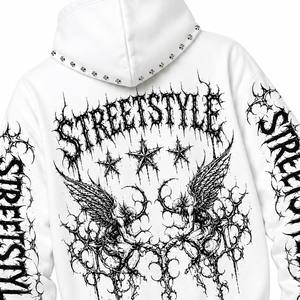 Custom White Studded Hoodie <b>Gothic</b> Angel Wing Thorn Print Blackletter Star Zip Up Oversized Streetwear <b>Jacket</b> Wholesale Supplier - Product Image 6