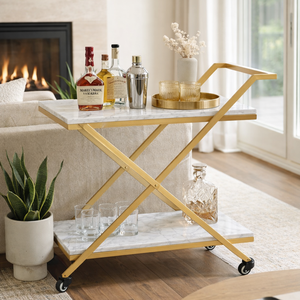 Carrito de Bar de Acero Inoxidable Dorado de Lujo con Estantes de Mármol, Carrito de Servicio con Ruedas, Carrito de Bebidas Moderno para Cocina de Hotel - Product Image 1