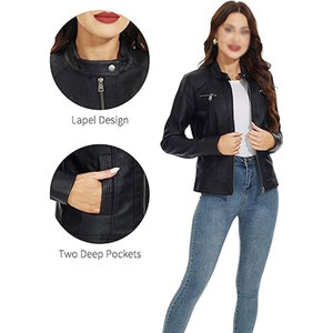 Chaqueta de Moto de Cuero PU para Mujer, Cuello Alto, Cierre de Cremallera, Manga Larga, Estilo Otoñal, Resistente al Viento, Largo Regular - Product Image 5