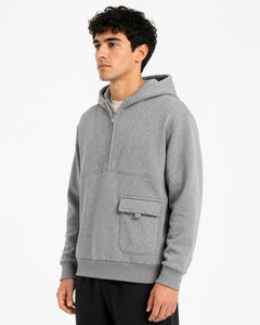 Sudadera con capucha premium para hombre, de invierno, ecológica, gris melange, con media cremallera, bolsillo utilitario, forro polar de algodón, estilo casual. - Product Image 2