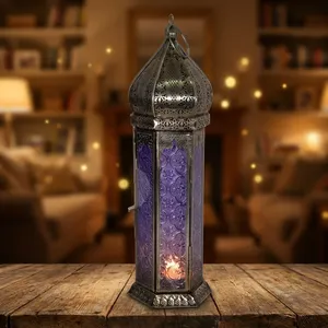 Lanterne hexagonale en métal de style marocain ornée avec panneau en verre gaufré violet, décoration d'intérieur, porte-bougie durable - Product Image 1