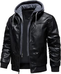 Chaqueta de Motociclista para Hombre, Negra, de Cuero PU, con Capucha, Cierre Frontal, Color Sólido, Invierno, Resistente al Viento, Manga Larga - Product Image 3