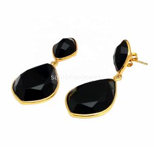 925 Sterling Silver Naturel Organique Noir Onyx Gemme À La Main Plaqué Or Fine Boucles D'oreilles pour Femmes Vintage Antique - Product Image 2