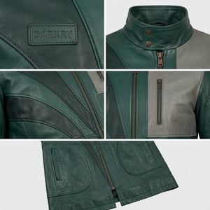 Gabardina de Cuero Genuino Verde Esmeralda para Hombre con Paneles Grises Personalizados, Cuello con Banda Curva y Cremallera Central, Proveedor de Prendas de Abrigo - Product Image 6