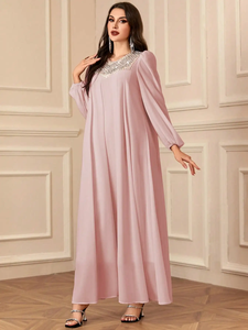 Vestido de Noche Largo para Mujer, Estilo Modesto, Liso, Recto, de Gasa, con Manga Regular, Cuello Transpirable, Ecológico, Cintura Natural, Sencillo - Product Image 4