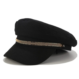 Black <b>Wool</b> Baker Cadet Hats Newsboy Hat with <b>Gold</b> Buckle Leather Brim Winter European Style Cadet Hats - Product Image 2