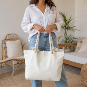 Bolsa de lona de algodón con asa de cuerda |   Bolsa de Compras Reutilizable para Supermercado, Playa, Viajes, Almacenamiento, Transporte, Ecológica - Product Image 3