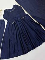 Salwar Kameez traditionnel bleu marine en coton avec bordure dorée, coupe ample, longueur cheville, vêtements décontractés pour femmes, style Inde Pakistan