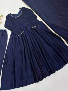 Traditional Navy Blue Cotton Salwar Kameez with Gold Trim Loose Fit <b>Ankle</b>-Length Women's Casual Wear India Pakistan Style - Product Image 6