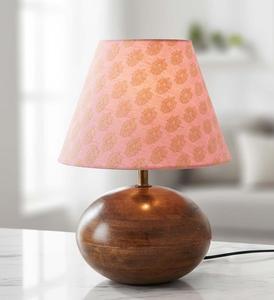 Midcentury Wooden Table Lamp with Pink Fabric Empire Shade Warm White LED <b>Light</b> for Bedroom Decorative <b>Lighting</b> - Product Image 2