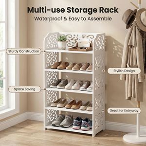 Scarpiera a 5 livelli in legno intagliato e plastica, salvaspazio, autoportante, organizer per ingresso e armadio - Product Image 4