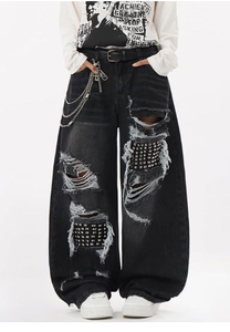 Jean en denim déchiré taille haute coupe large style punk décontracté en coton pour homme – Collection automne - Product Image 3