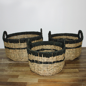 Ensemble de paniers de rangement en rotin et jonc de mer avec poignées, panier à linge rond tressé bicolore - Product Image 3