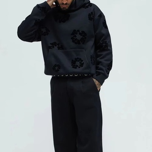 Mens Oversized Washed <b>Black</b> 100% Cotton <b>Fleece</b> Eco-Friendly Hoodie and Sweatpants Set Streetwear Style Vintage Pullover Hoodie - Product Image 1
