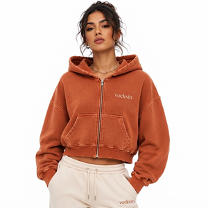 VOCKSIN Women's Winter Oversized Cropped Zipper Hoodie Acid Wash Heavyweight Cotton Lined Front Logo Streetwear Fashion <b>Jacket</b> - Product Image 5