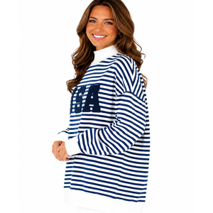 Sudadera de punto de manga corta con cuello alto y rayas bordadas para mujer, estilo náutico, con estampado de letras USA, corta - Product Image 1