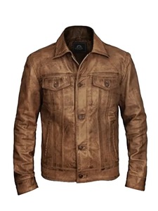 <b>Mens</b> Distressed Trucker Vintage Leather <b>Jacket</b> - Product Image 1