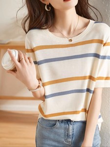 Camiseta Corta de Manga Corta para Mujer, Cuello Redondo, Tejido de Punto, Color Sólido, Corte Regular, Transpirable, Ecológica, Poliéster/Algodón - Product Image 4