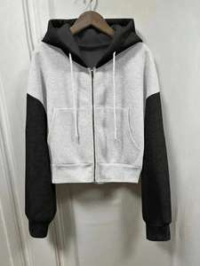 Sweat à capuche unisexe gris et noir contrastant avec fermeture éclair, brodé, respirant, anti-rétrécissement, en molleton de coton pour l'hiver, style streetwear décontracté - Product Image 4