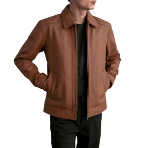 Custom Men's <b>Brown</b> <b>Leather</b> <b>Jacket</b> Classic Collar Premium Zip Up Coats OEM Private Label Apparel Manufacturer Wholesale Suppliers - Product Image 1