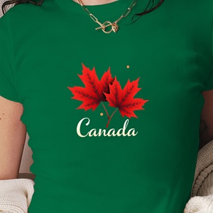 Camiseta de manga corta de punto ajustada Y2K para mujer con hojas de arce rojo de Canadá - Product Image 2