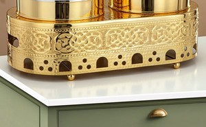 Plat à chafing double de luxe doré en acier inoxydable martelé, chauffe-plats avec base arabe embossée et poignées en bois pour buffet et réceptions - Product Image 6