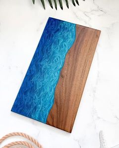 Tabla de cortar de resina de madera con incrustaciones azules, borde natural, rectangular, antideslizante, para cocina, tabla para queso, de una sola pieza - Product Image 2
