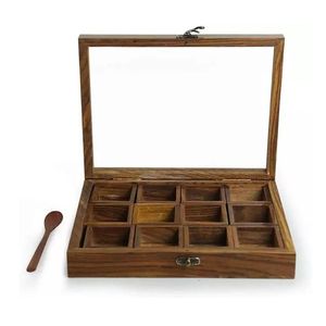 Premium Handmade Wooden Spice Box Handcrafted Masala Dabba with Hinged Lid Traditional Kitchen <b>Storage</b> Box For Sale - Product Image 1
