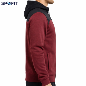 Men's Hooded <b>Zip</b>-Up <b>Sweatshirt</b> Maroon Black Color Block Casual Full Sleeve Autumn Wear With Side Pockets - Product Image 3