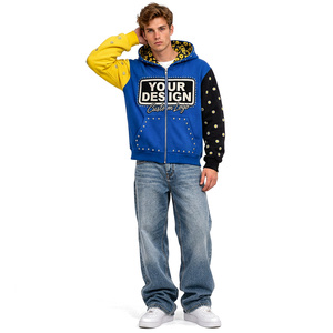 Sweat à capuche zippé pour homme, personnalisé et brodé, en coton épais, style streetwear, colorblock vieilli, vêtement d'extérieur décontracté et tendance - Product Image 2