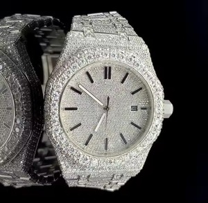 Montre de luxe en acier inoxydable entièrement sertie de diamants, cadran rond, mouvement à quartz analogique, 40 mm, unisexe, tendance - Product Image 1