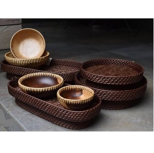 Bandeja de Servicio Multiusos de Ratán para Desayuno, Forma Personalizada, Acabado Oscuro, para Servir Bocadillos y Dulces - Product Image 1