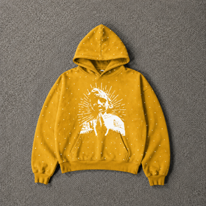 Sweat-shirt à capuche graphique doré avec motif abeille en strass, coupe oversize, streetwear, en coton délavé, unisexe, style urbain vintage - Product Image 5