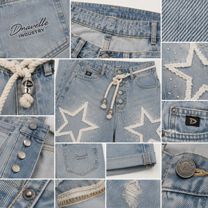 Men’s Y2K Star Applique Denim Jorts with Rhinestones & <b>Rope</b> Belt Streetwear Wide Leg Denim - Product Image 5