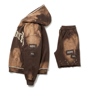 Ensemble de survêtement décontracté épais en coton 100% à séchage rapide avec broderie de perles, sweat à capuche zippé effet délavé soleil et short à cordon de serrage (lot de deux) - Product Image 3