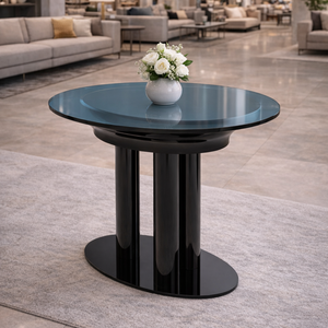Table basse moderne noire sur piétement avec plateau rond en métal bleu et base sculpturale en colonne par Metal Drake pour salons contemporains - Product Image 6