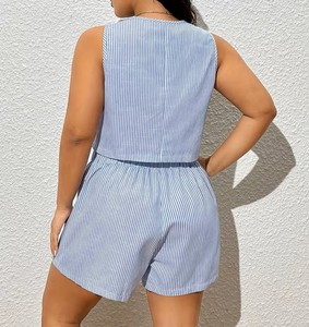 Summer Casual Striped Woven Embroidery Tank Top & Shorts Set Women's Jumpsuit Eco-Friendly Breathable Made In Bangladesh - Product Image 4
