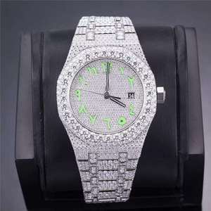 Montre de luxe pour homme entièrement sertie de diamants Moissanite VVS, mouvement à quartz ETA, date automatique, bracelet en acier inoxydable 20 mm, style Hip Hop, chiffres romains - Product Image 1