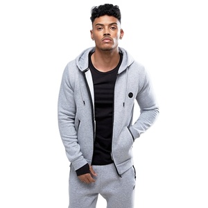 Survêtement gris à capuche pour homme, manches longues, fermeture éclair, poches latérales, coupe classique, vêtements de sport décontractés pour l'automne - Product Image 1
