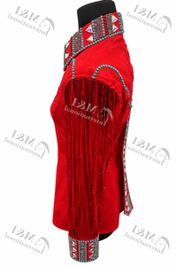 Chemise de cow-boy rouge personnalisée légère avec embellissement par boutons, manches à franges et fermeture éclair haute pour femme, idéale pour l'équitation et le rodéo - Product Image 2