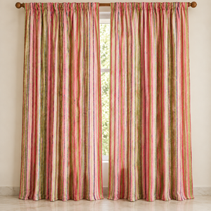 <b>Colourful</b> Striped Cotton Curtains | Hand <b>Block</b> Printed Rod Pocket Drapes | Lightweight Window Panels for Living Rooms Boho Decor - Product Image 1