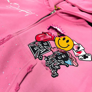 Ensemble de survêtement rose pour homme, style streetwear, sweat à capuche zippé et pantalon orné de strass, coupe décontractée, idéal pour l'automne - Product Image 2